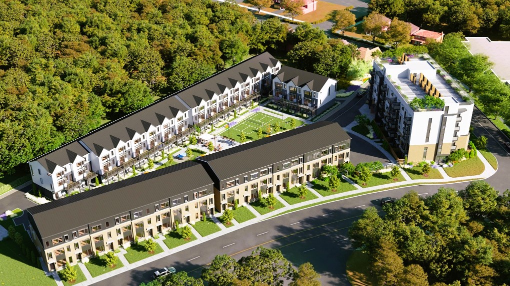 Townhouses surrounded by greenery